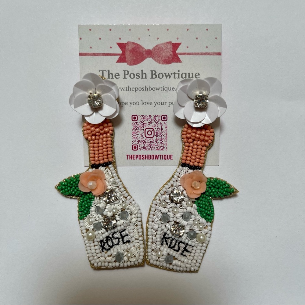 Rose Bottle Floral Appliqué Seed Beaded Drop Statement Earrings